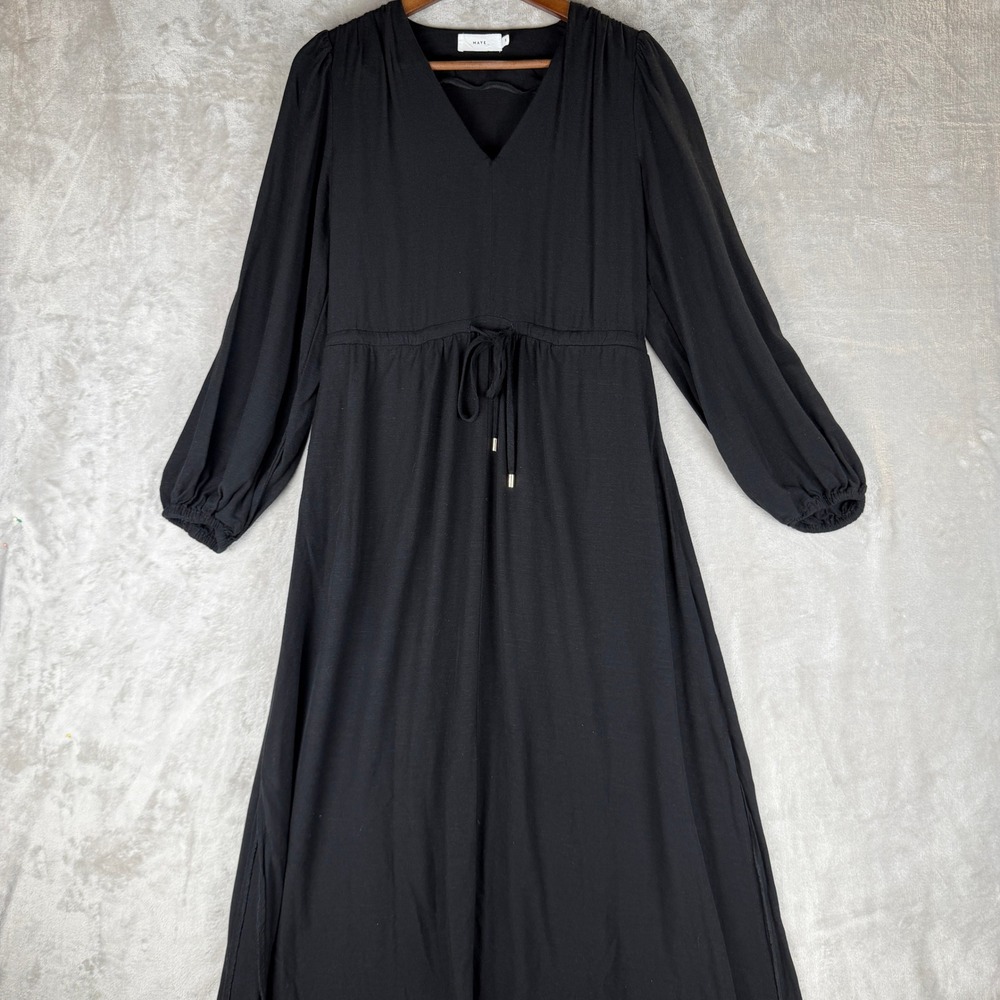 MAYE Black V-Neck Long‎ Sleeve Drawstring Waist Midi Dress Small Pockets Slits